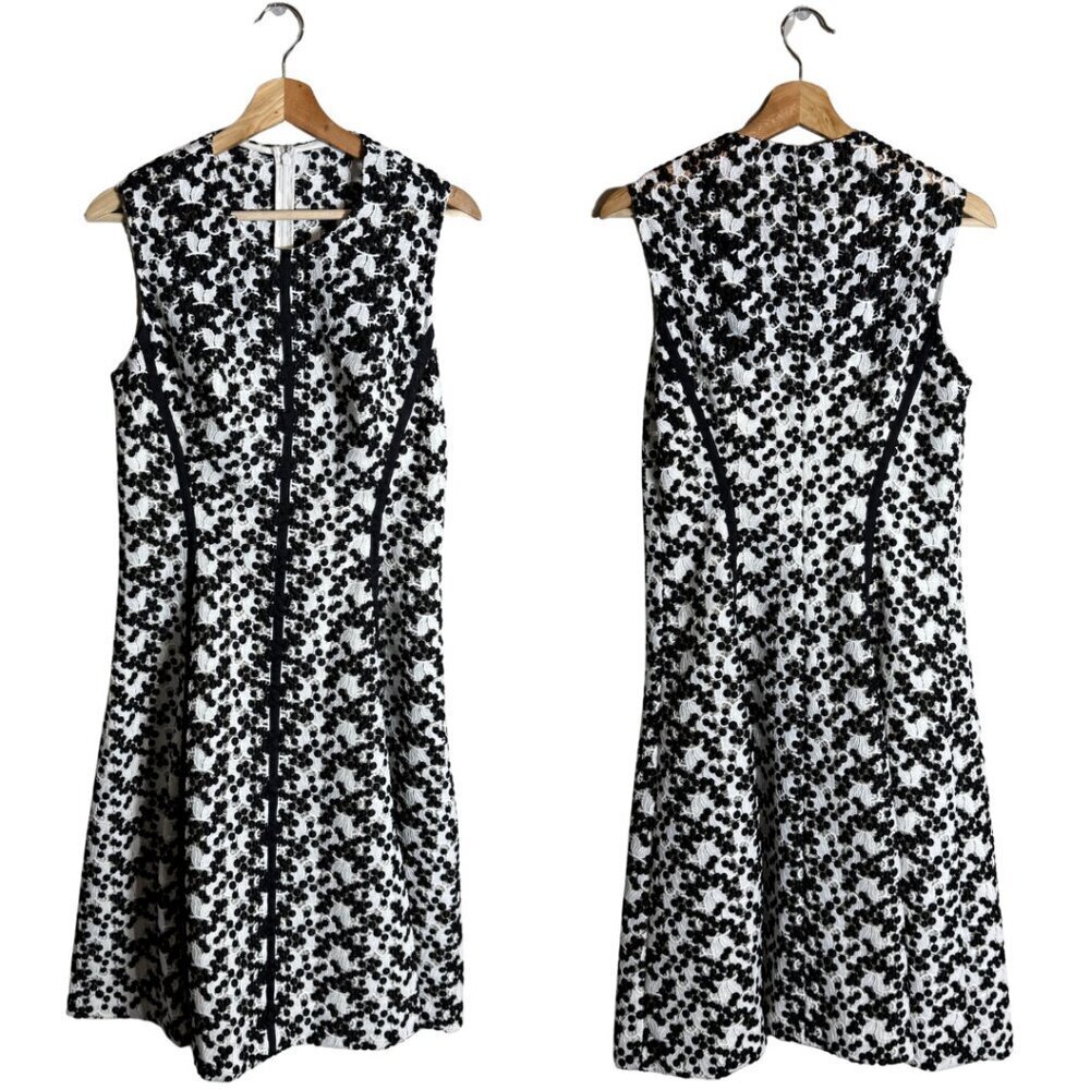 Lela Rose Lace Fit & Flare Knee Length Dress Women's 6 White Black Designer Chic